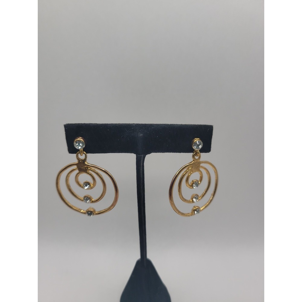Vintage Gold Tone Spiral Swirl Dangle Earrings Clear Rhinestone Open Circle Drop